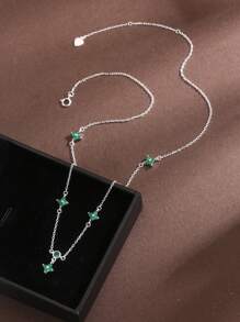 1pc 925 Sterling Silver Four-Leaf Clover Zirconia Pendant Necklace, Fashionable Delicate Collarbone Chain, Exquisite Gift For Women - Silver - View 4