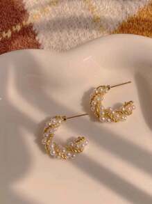 1 对时尚几何珍珠耳环，简约设计耳钉 - 金黃色 - 查看 2