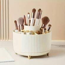 360° Rotating Makeup Organizer - Plastic Cosmetic Storage Box With 5 Compartments - Multifunctional Stand For Brushes, Lipsticks, Skincare And Stationery - Odorless Desk Storage Box, Luxury Striped Design (Makeup Tools Not Included)Summer Travel,Vacation