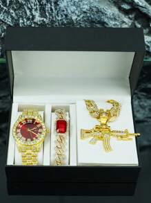 طقم مجوهرات شخصي للرجال من سبائك المعادن مرصع بالراين ستون 3D على شكل بندقية، قلادة، سوار، ساعة هدية، ملحقات أنيقة على الطراز الأوروبي والأمريكي لموسيقى الهيب هوب، علبة هدايا فاخرة