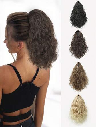 马尾接发 16 英寸爪长多层头发蓬松浓密波浪卷发夹式接发马尾自然柔软合成假发女士日常