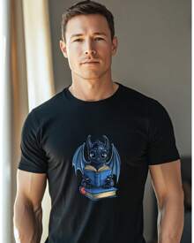 1 Piece,Studious Dragon Reading A Book.Jpg,180g Cotton, Printed T-Shir - Black - View 1