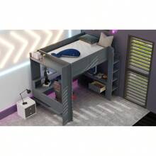 Wood Full Size Gaming Loft Bed With Desk Multi-Storage Shelves LED And Charging Station Dark Gray - Xám đậm + Gỗ đặc + MDF + Phòng ngủ như hình - Xem 7