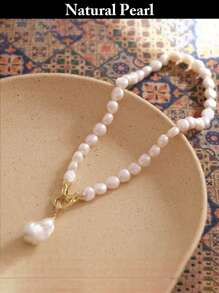 1pc Fashion Asymmetrical Baroque Pearl Necklace, Natural White Baroque Pearl Pendant Necklace, Stylish & Unique For Daily Wear, Holiday Gift