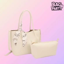 BagParty 2025 Spring Fashion Scarf Tote Set, Vegan Lesther Working Bag For Office Lady, Elegant Gift For Birthday, Holiday, Large Capacity Handbag