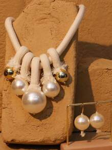 3pcs Set: Exaggerated Chunky Braided Faux Pearl Pendant Necklace And Earrings, Retro-Chic Layered Delicate Luxe Accessory Set, Suitable For Daily Wear And Occasions, Great Gift For Mom - Black - View 6