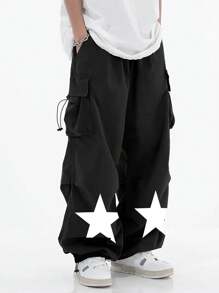 Men's Casual Multi-Pocket Drawstring Adjustable Hem Loose Leg Cargo Pants - Black - View 2