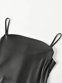 欧美舞会礼服女士独立站夜店性感别致休闲派对连衣裙小黑皮裙通宵舞会女士性感包臀修身无袖吊带包臀褶饰中长款酒会礼服 - 黑色 - 查看 6