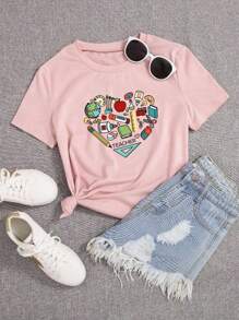 Camisa con estampado de letras para mujer Camiseta casual suelta con estampado gráfico Camiseta de moda casual - Rosa - Ver 1