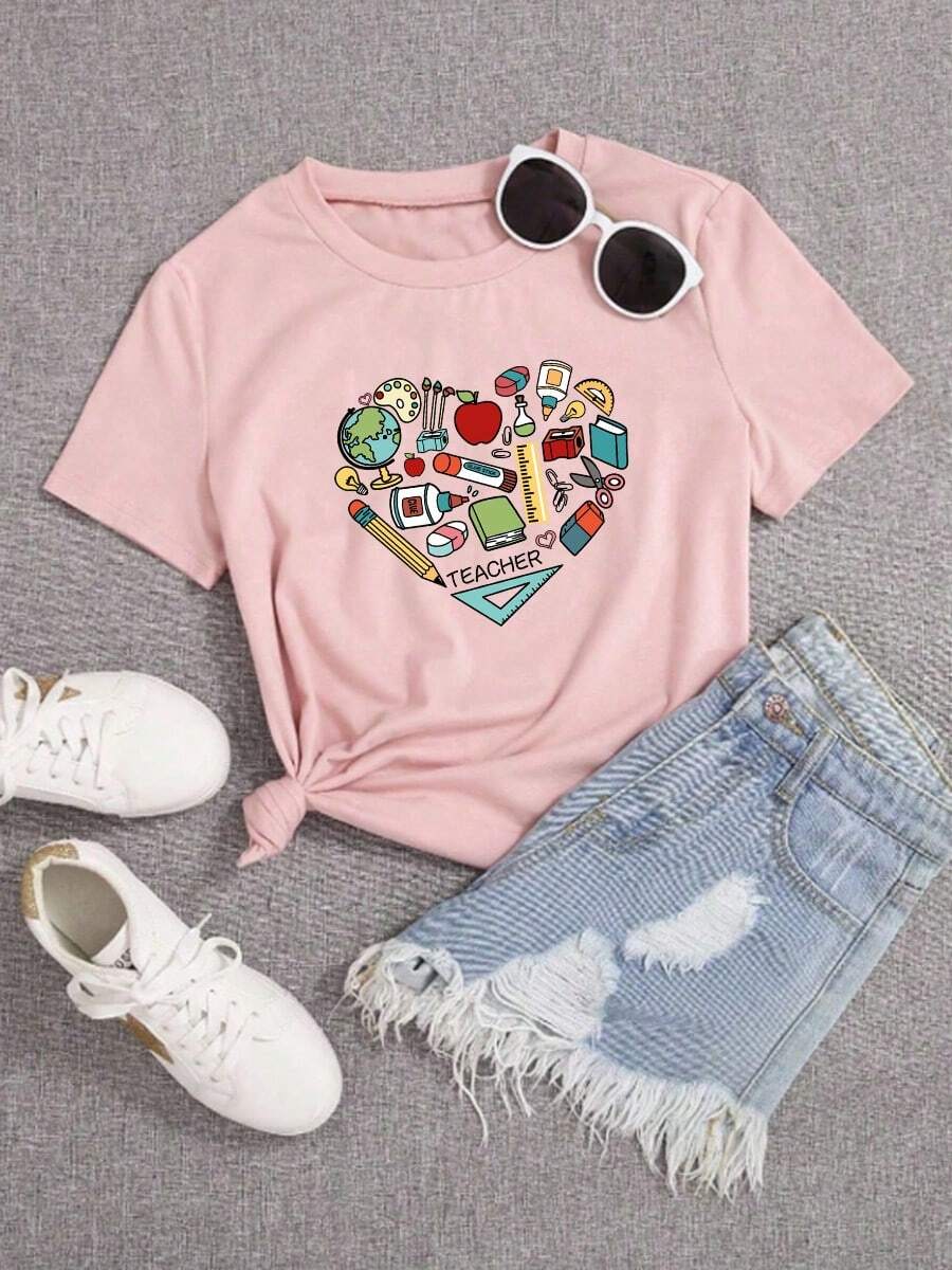 Camisa con estampado de letras para mujer Camiseta casual suelta con estampado gráfico Camiseta de moda casual - Rosa - Ver 1