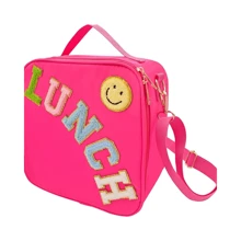 1 件刺绣字母和笑脸户外保温午餐手提袋，便携式食物野餐冷藏袋