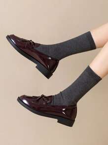 Women's Solid Color Bow & Tassel Bow Slip-On Loafers, Breathable Flat Shoes - Burgundy - View 5