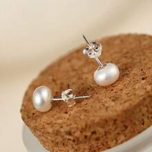 1 Pair 6-7mm Small S925 Silver Natural Freshwater Pearl Stud Earrings - Simple Elegance Flat Round - Versatile Daily Banquet Dress Stud Earrings