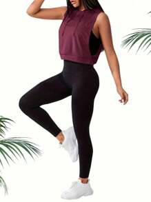 女士夏季无袖蓬松休闲上衣，宽松连帽背心，优雅舒适，适合户外、运动和健身穿着 - 酒紅色 - 查看 1