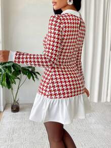 Amarilo 女式秋季千鸟格印花撞色领长袖荷叶边下摆连衣裙（随机印花） - 紅色 - 查看 2