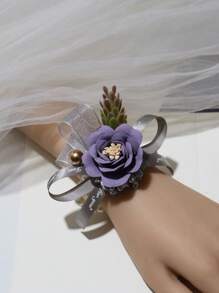 1pc Elegant Purple Violet Korean Style Bridal Wrist Flower, Wedding Dress Accessory, Bridesmaid Gift, High-End Wedding Favor, Exquisite Pearl Chain Party Bracelet Valentine's Day Accessories - Violet Purple - View 7