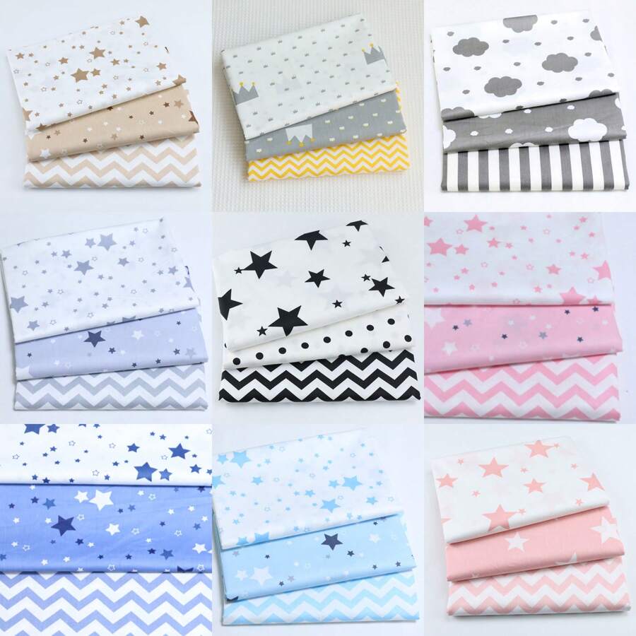 3 Pcs/Lot Cartoon Starry Sky Cloud Star Series Twill Fabric Five Pointed Star Crown Design Printed Cloth Geometric Stripe/Wave Pattern Design DIY Handmade Cloth Head Quilting Patchwork Cloth Group Pillow Cover Cloth Block Sewing Scrapbooking Cloth Tecidos Calico
