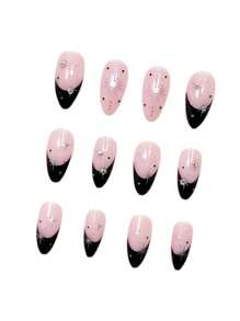 Juego de 24 uñas postizas negras con diseño de punta francesa de almendra con cristales de rhinestone 3D y brillo, ajuste perfecto para uñas acrílicas medianas. Contiene 1 pegamento de gel y 1 lima de uñas. Uñas de arte de punta francesa fáciles de llevar para uso diario de mujeres y niñas, y para fiestas rave.