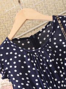 Tween Girl Polka Dot Round Neck Cap Sleeve Casual Dress - Blue - View 3