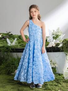 Tween Girl Sleeveless Backless 3D Floral Print Dress - Blue - View 3