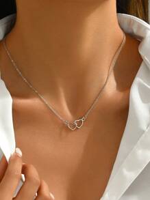 1pc Silver Double Ring Heart Shaped Necklace Pendant With Minimalist Design, Suitable For Valentine's Day, Daily/Dating/Birthday/Wedding/Party Wear Valentines,Mom,Mother,Mother's Day,Gift