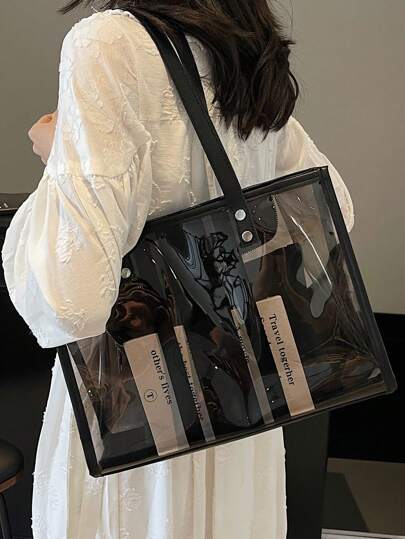 Minimalist Large Capacity Clear Beach Tote Bag, Women Shoulder Handbag