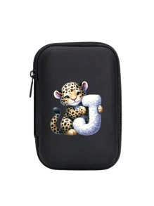 Cute Cartoon Animal Pattern Themed Alphabet A-Z Portable Mini Storage Bag, Waterproof And Shockproof Digital Pouch For Storing Initial, Name, Logo, Phone Charger, Data Cable, Zipper Storage Box, Wallet-Style Data Cable Storage Bag, Digital Pouch, Electronic Product Bag, Electronic Storage Device Data Cable Storage Bag, Wireless Earphones, Bluetooth Earphones, Suitable For Business, Travel, School, University, Office - Black - View 19