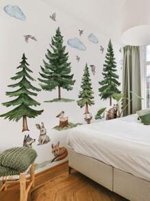 1pc/1set2pcs/1set3pcs Forest Tree Animal Tiger Fox Bear Rabbit Kitten Wall Stickers, Decorative For Baby Room, Living Room, Bedroom
