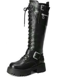 Women's Combat Riding Platform Knee High Boots, Lace Up Fall Lug Sole Gothic Motorcycle Boots With Inside Zipper, 2025 Style - Brown - View 10