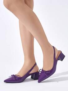 Women's Bowknot Accent Solid Color Pointed Toe Closed Back High Heel Shoes, Fashion & Comfortable Slip-On Pumps, Elegant For Daily Commute, Party, Wedding, Formal Occasion, Suitable For Autumn/Winter, Purple
