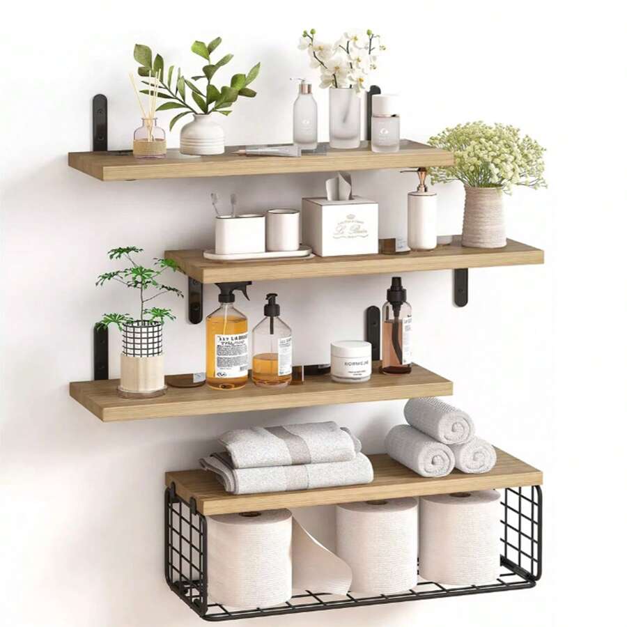 Floating Wall Shelf 4 Tier Shelf For Bathroom Kitchen Bedroom Light Color - Brown - View 1
