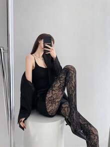 Black Retro Lace Mesh Socks For Women, Sexy Hollow Out Flower Woven Thin Style, Pure Desire Pantyhose