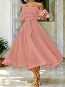 Women's Off Shoulder Long Dress Adjustable Belt Puff Sleeve - Nude Carne - 查看 3