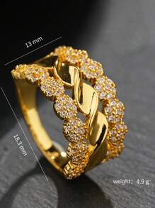 1pc Custom Fashion Cuban Link Ring, 18K Gold Plated CZ Simulated Diamond Punk Ring, Best Gift For Her And Him For Holidays - Multicolor - View 2