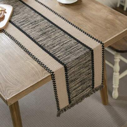 复古美式乡村风格棕色条纹编织流苏长方形桌旗，适合日常使用、节日、聚会、野餐、派对、摄影背景，适合所有季节