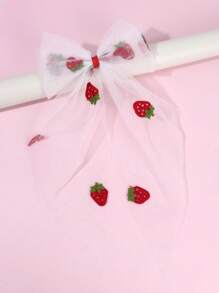1pc Strawberry Hair Bows Girls Large White Mesh Hair Bow Apple Cherry Hair Clips Elegant Big Tull Alligator Clips,Wedding Party Hair Accessories