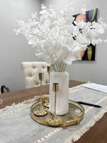 1pc Modern Style White Striped Plastic Vase - Ceramic Vase Imitation, Suitable For Fresh Flowers And Home Decor, Perfect Choice For Home And Cafe Decor, Striped Design, Simple Decorative Flower Arranging Item, Living Room