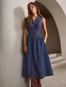 Simplee 女士夏季新款时尚无袖收腰连衣裙，适合通勤、波西米亚风、西部风、音乐节、牛仔风、独立日、生日 - 藏蓝色 - 查看 7