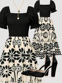 Ladies Floral Bright Print Waist Splicing Vacation Dress, Summer - Black - View 2
