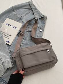 Minimalist Square Crossbody Bag, Solid Black Color, Adjustable Shoulder Strap, Men's Messenger Bag - Grey - View 4