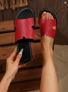 European&American Style Women Solid Color Hollow Out Outdoor Flat Sandals, Round Toe Low Heel Breathable Slip-On Beach Shoes - Red - View 1