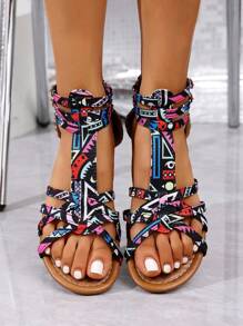 Girl's Student Back Zipper Flat Sandals, New Summer Korean Fairy Style Versatile Soft Bottom Roman Sandals