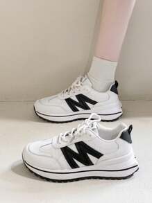 时尚百搭厚底系带休闲皮革运动鞋，轻便运动户外减震女鞋 - 黑色 - 查看 2