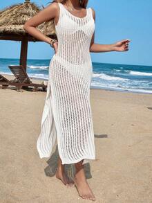 Women's Fashionable Hollow Out Round Neck Mesh Swimwear Cover Up Dress, Not Bikini (Bikini Not Included) - White - View 4