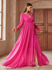 Vestido maxi de mujer con cuello en V, mangas farol y decoración floral 3D en un solo color, vestido elegante de dama de honor