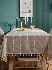 1pc Rustic Style Beige Multi-Line Tablecloth, Rectangular Coffee Table, TV Cabinet, Decorative Dining Table Cover For Kitchen, Family Gathering, Outdoor Picnic - Multicolor - View 4