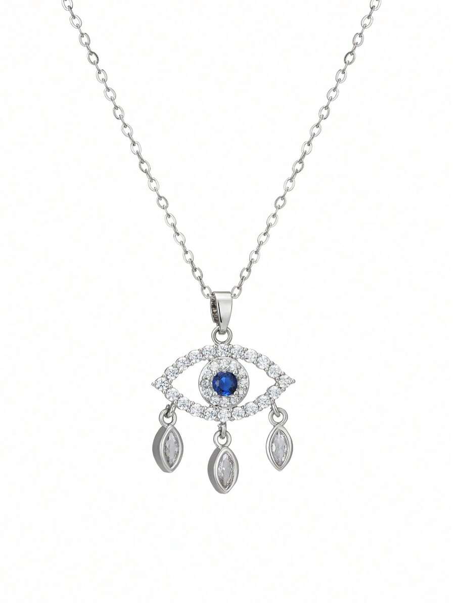 1 条银色不锈钢链，镶嵌水钻的蓝色锆石眼形吊坠，简约时尚，适合女性、圣诞节、万圣节、情侣、日常穿着、派对 - 淺藍色 - 查看 1