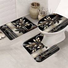 4pcs Plant Line Pattern Shower Curtain Set, Noble Elegant Shower Curtain Set, Aesthetic Art Shower Curtain Set, Modern Personalized Shower Curtain Set, Waterproof Fabric Shower Curtain Set With 12 Hooks, Non-Slip Bathroom Carpet, U-Shaped Toilet Mat, Toilet Seat Mat, Bathroom Decoration Fall Decor Bathroom Accessories Back To School - Multicolor - View 4