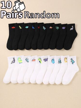 10 par slumpmässiga barnstrumpor broderade dinosaurie strumpor Enfärgade mid tube strumpor