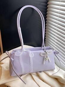 1pc Women Solid Color PU Shoulder Tote Bag, Large Capacity Y2K Bow Handbag - Multicolor - View 10